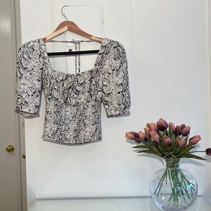 Reformation Cropped Top Snake Print Square Neck Puffy Sleeves